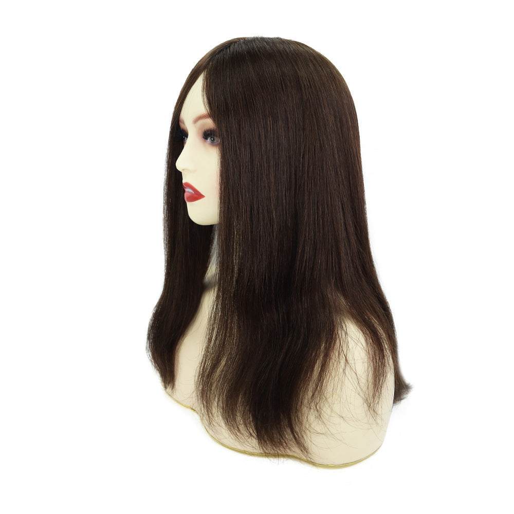 7x9 Human Hair Topper in dark brown human hair with a smooth, long layered style and natural-looking parting