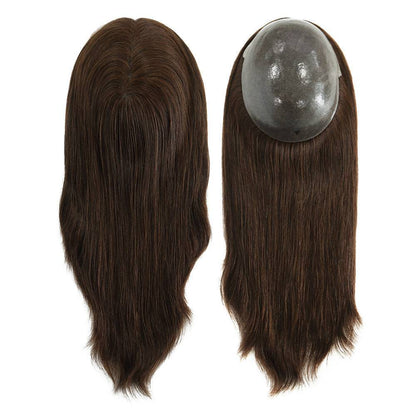 7x9 Human Hair Topper in dark chocolate brown with smooth, straight hair and a hand-knotted crown base