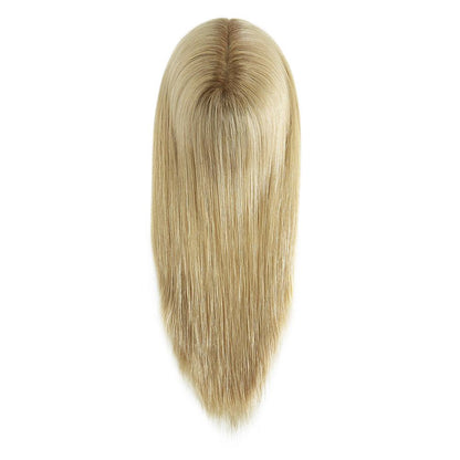 7x9 Human Hair Topper in light blonde human hair with a natural centre part and long, straight tapered lengths