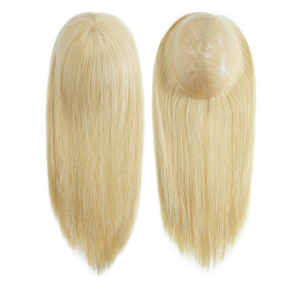 7x9 Human Hair Topper in light blonde human hair, with a smooth hand-knotted crown and long straight strands
