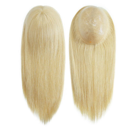 7x9 Human Hair Topper in light blonde human hair, with a smooth hand-knotted crown and long straight strands