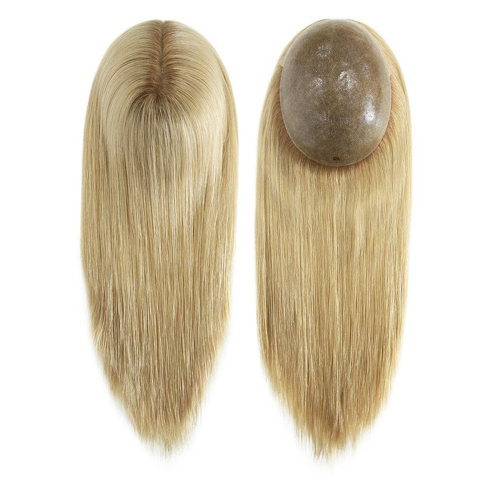 7x9 Human Hair Topper in light blonde human hair, with a natural-looking hand-knotted parting and smooth length