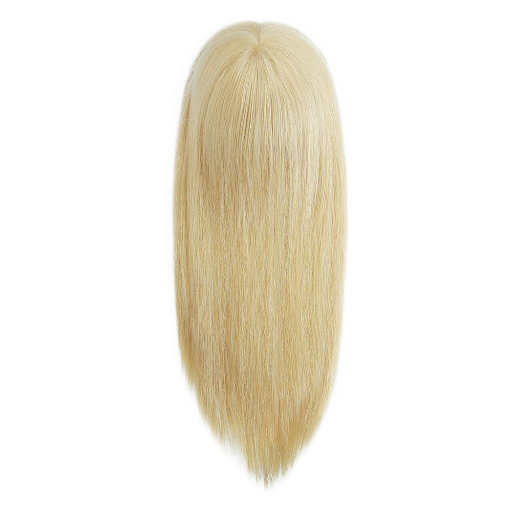 7x9 Human Hair Topper in light blonde human hair with smooth, straight strands and a rounded tapered shape