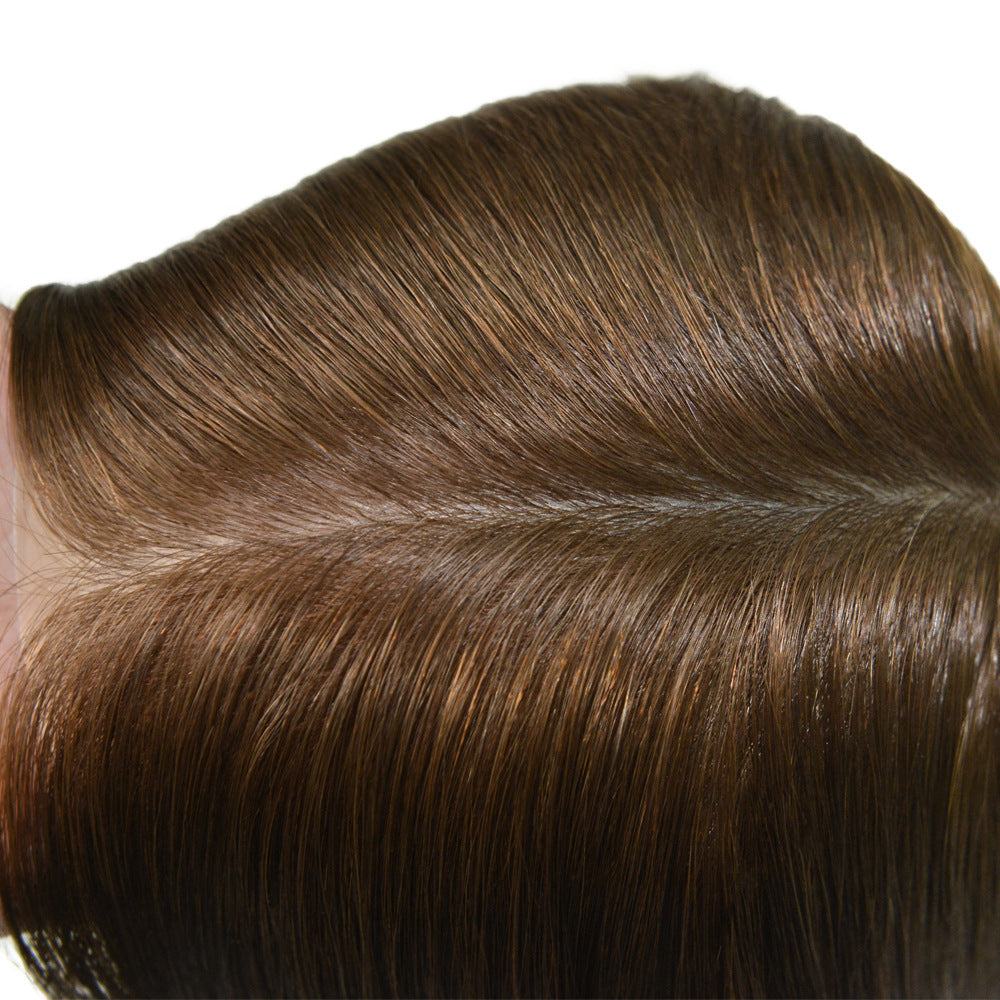 7x9 Human Hair Topper in smooth medium brown human hair with a natural hand-knotted centre part