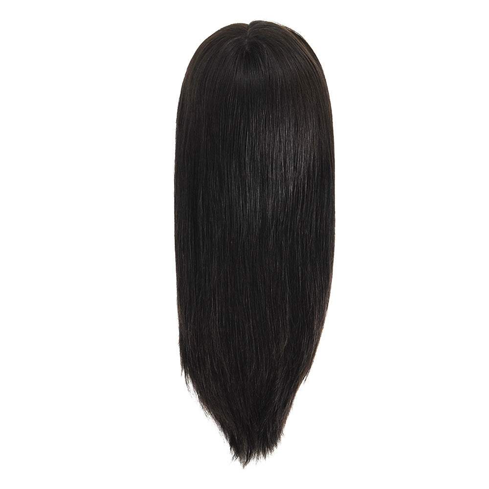 7x9 Human Hair Topper in straight black human hair with a smooth rounded base and tapered ends