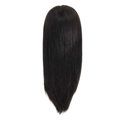 7x9 Human Hair Topper in straight black human hair with a smooth rounded base and tapered ends