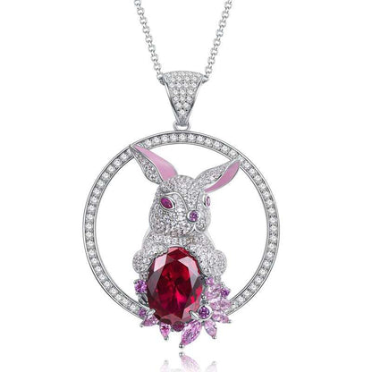 Rabbit Pendant Necklace with Deep Red Stone