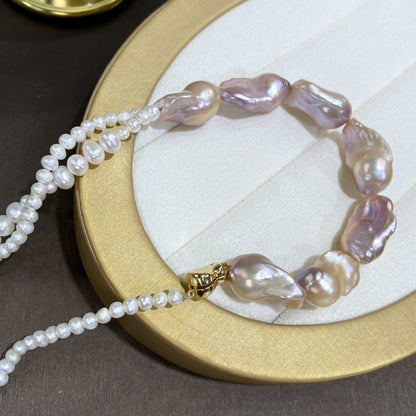 Baroque Cultured Pearl Necklace with mixed-size iridescent pink and white freshwater pearls and gold clasp