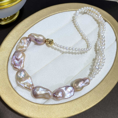 Baroque Cultured Pearl Necklace with large irregular lavender pearls and a strand of small white pearls