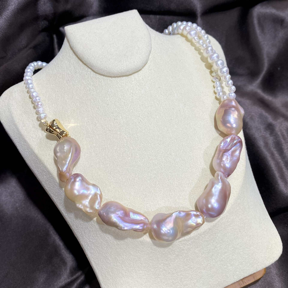 Baroque Cultured Pearl Necklace with mixed-size iridescent pink and white freshwater pearls and gold clasp