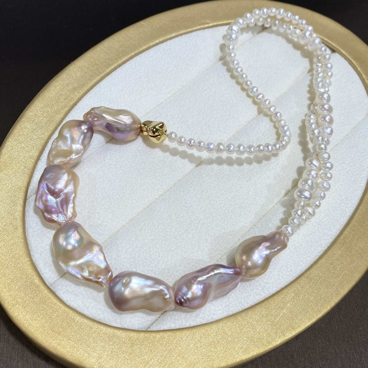 Baroque Cultured Pearl Necklace with mixed white and lavender freshwater pearls, irregular shapes and gold clasp