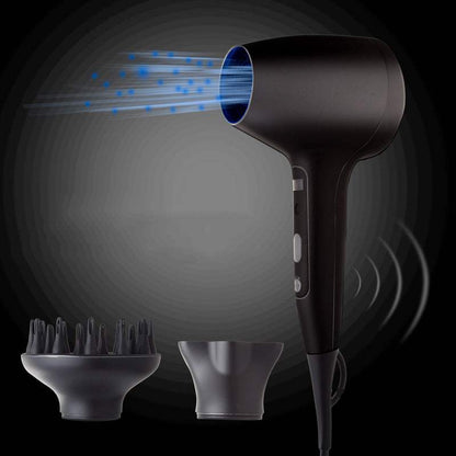 Bladeless Ionic Hair Dryer in black with blue airflow, control buttons, diffuser and concentrator attachments