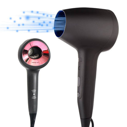 Bladeless Ionic Hair Dryer in black with open-ring head, pink inner ring and slim handle design