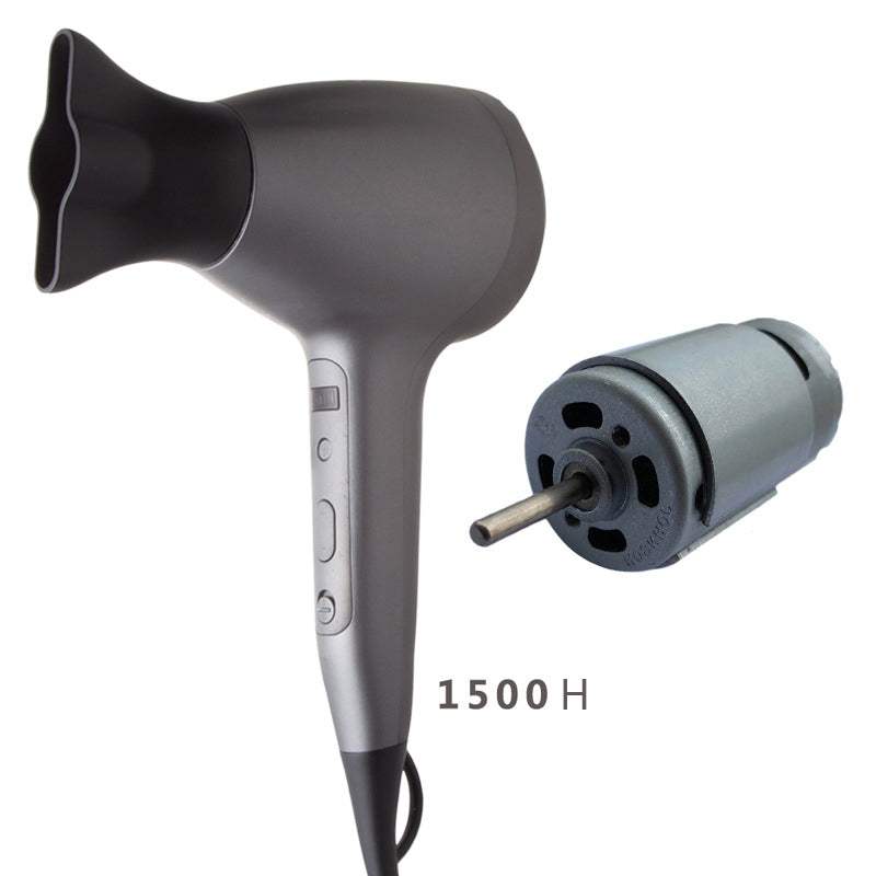 Bladeless Ionic Hair Dryer in black and silver with open ring head, controls, cord and separate AC motor