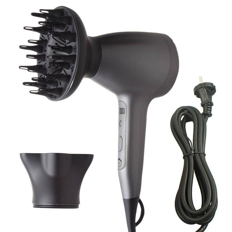 Bladeless Ionic Hair Dryer in dark grey with a black diffuser attachment, concentrator nozzle and power cord