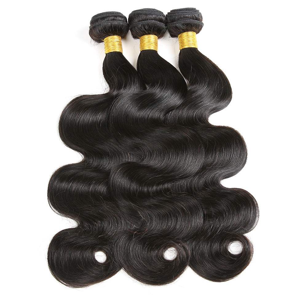 Body Wave Bundle Sets with three black human hair wefts featuring glossy, flowing body wave texture