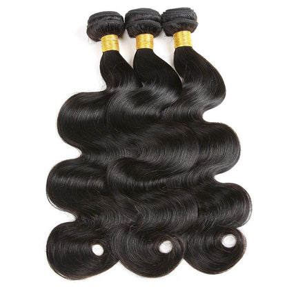 Body Wave Bundle Sets with three black human hair wefts featuring glossy, flowing body wave texture