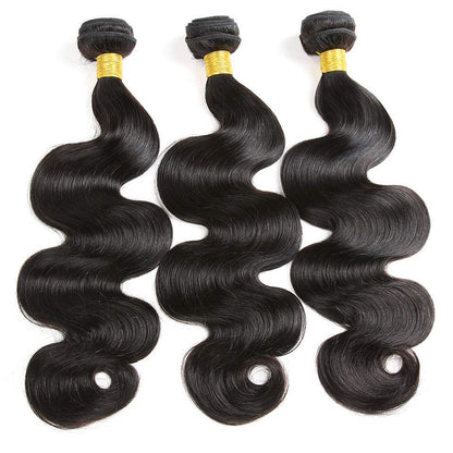 Body Wave Bundle Sets of three black human hair wefts with glossy S-wave texture and tied tops