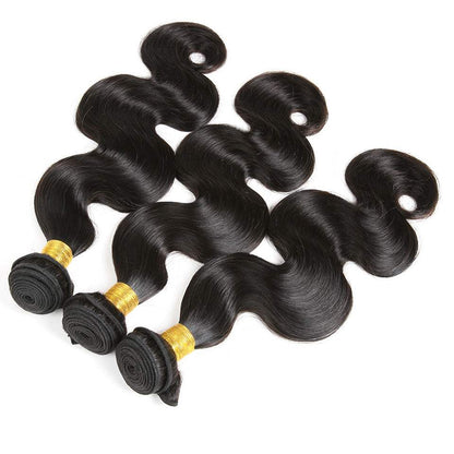 Body Wave Bundle Sets in black human hair with glossy flowing wave pattern and gold banded wefts
