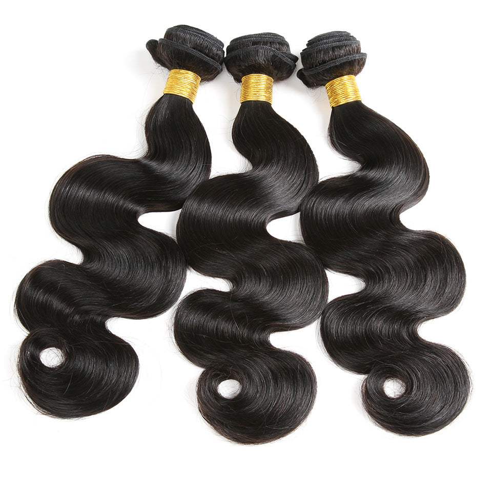 Body Wave Bundle Sets with three black human hair wefts in glossy body wave texture