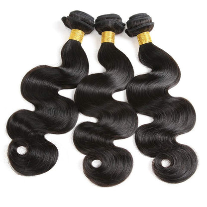 Body Wave Bundle Sets with three black human hair wefts in glossy body wave texture