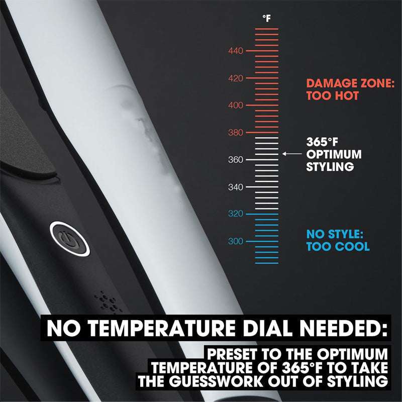 Ceramic Hair Straightener with black and white casing, ceramic plate and 365°F optimal styling temperature display