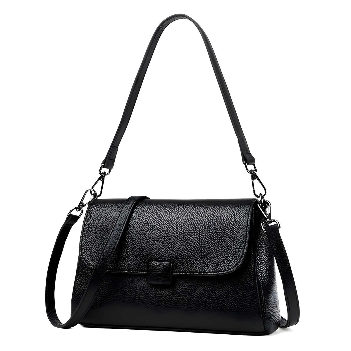 Cowhide Shoulder Bag in black textured leather with a soft shape, flap closure, buckle detail and adjustable strap