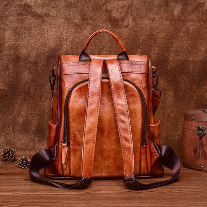 Cowhide Travel Backpack in rich brown leather with distressed finish, zip front pocket, top handle and twin straps