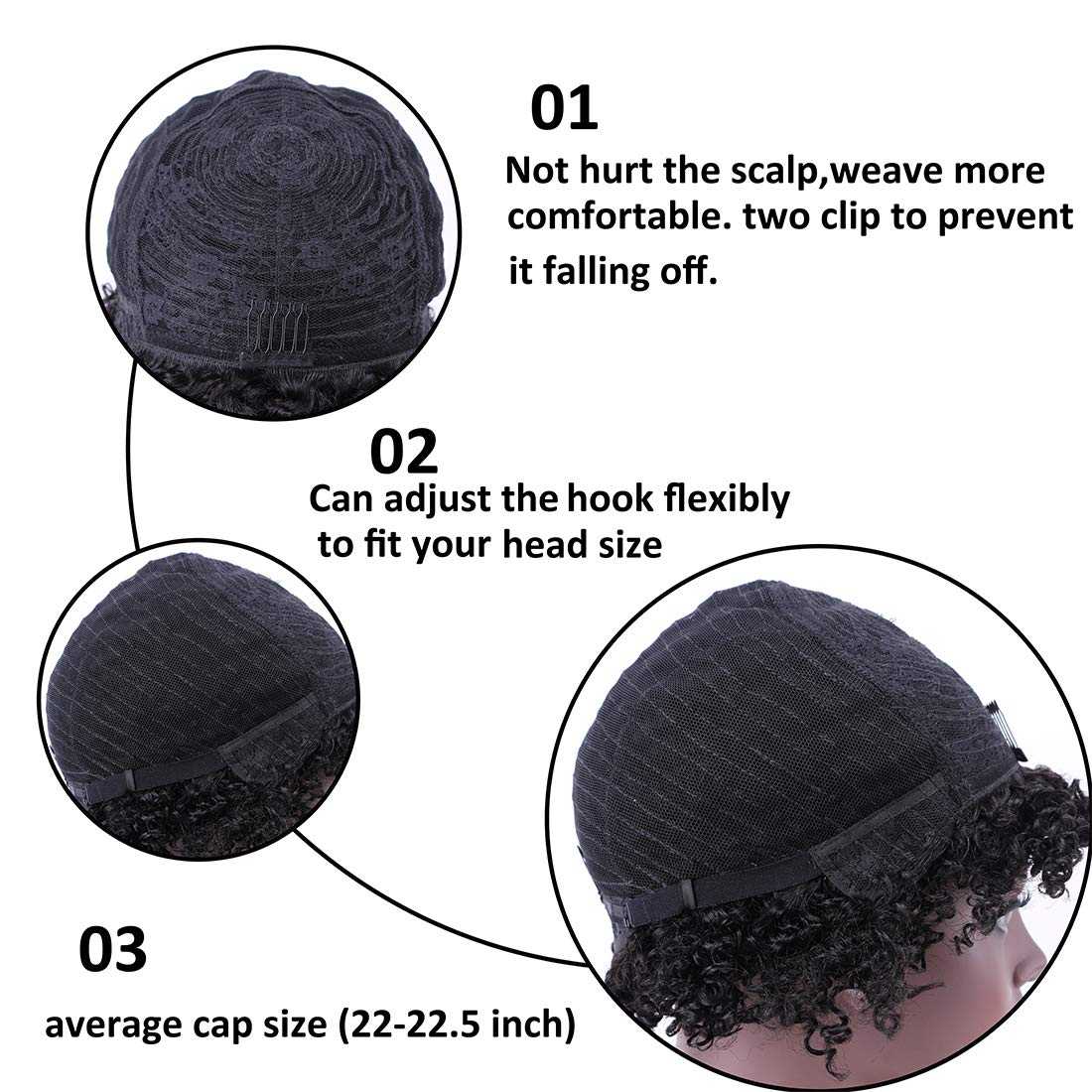 Curly Pixie Human Hair Wig showing black curly hair, adjustable cap, combs, clips, and flexible hook fastening