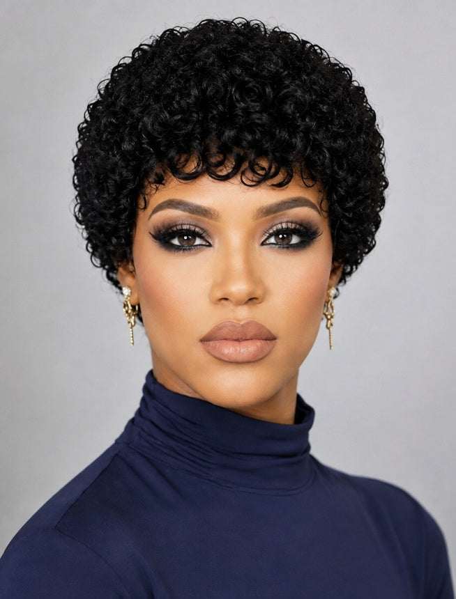 Curly Pixie Human Hair Wig in black with dense tight curls, short cropped shape, and defined fringe