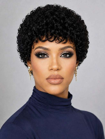 Curly Pixie Human Hair Wig in black with dense tight curls, short cropped shape, and defined fringe