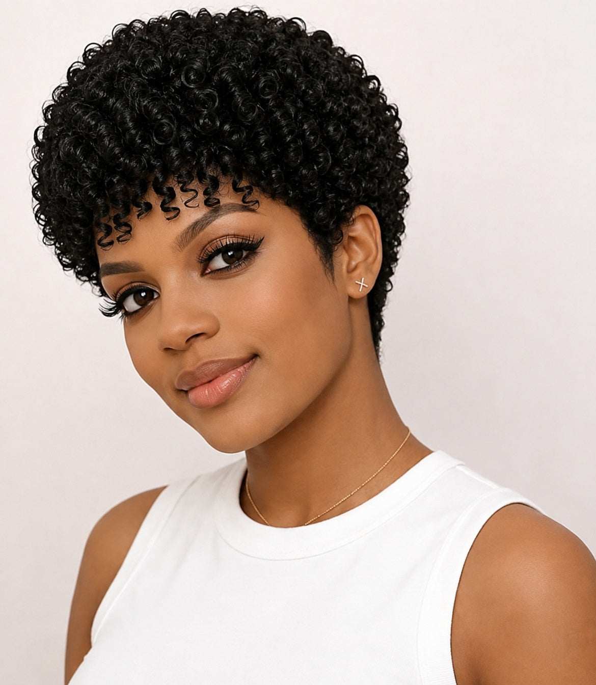 Curly Pixie Human Hair Wig in black with dense tight curls, short cropped texture, and defined lace-front hairline