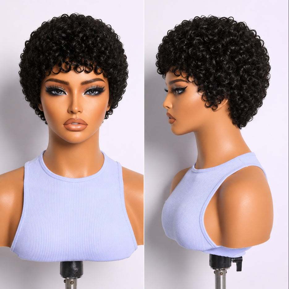 Curly Pixie Human Hair Wig with short black curls, rounded cropped shape, and defined fringe