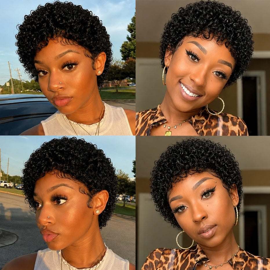 Curly Pixie Human Hair Wig in short black curls with a defined cropped shape and textured volume