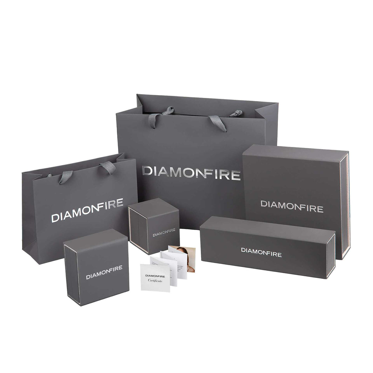 Diamonfire tennis necklace gift packaging with branded grey boxes, bags, pouches and cards