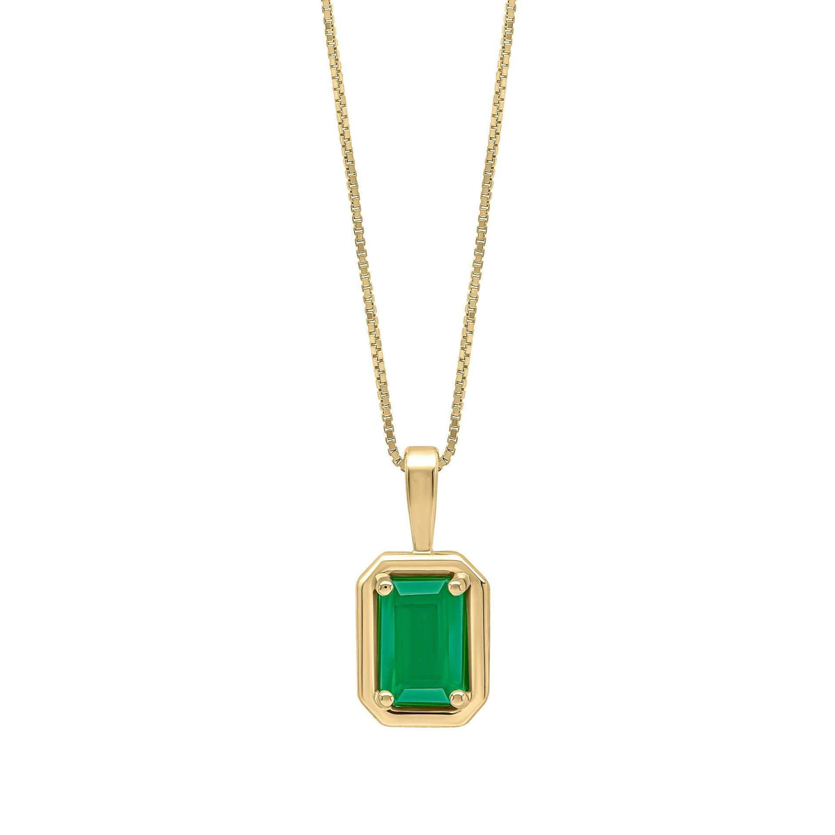 Elements Gold pendant in 9ct yellow gold with a vivid green octagonal emerald and polished protective border
