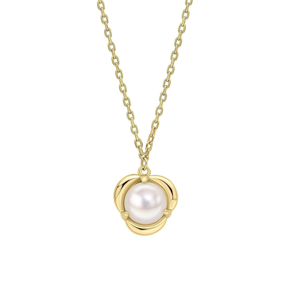 Elements Gold Pearl Necklace in 9ct yellow gold with a single white pearl in a rounded petal-shaped setting