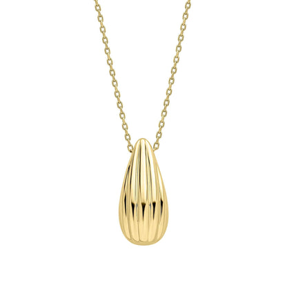 Elements Gold teardrop necklace in polished 9ct yellow gold with a vertically ridged, sculptural pendant