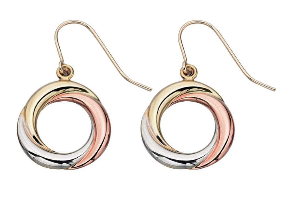 Elements Gold tri-colour 9ct gold open circle drop earrings in yellow, white and rose gold