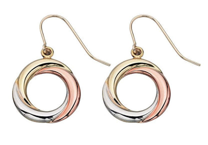 Elements Gold tri-colour 9ct gold open circle drop earrings in yellow, white and rose gold