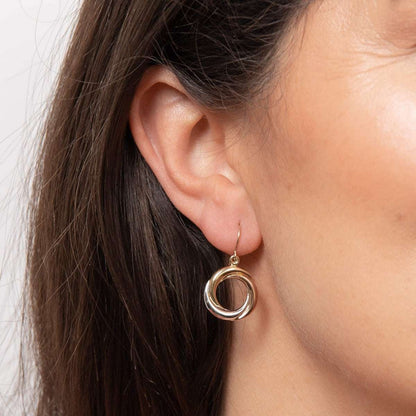 Elements Gold tri-colour 9ct gold open circle drop earring with interlocking rings and polished finish