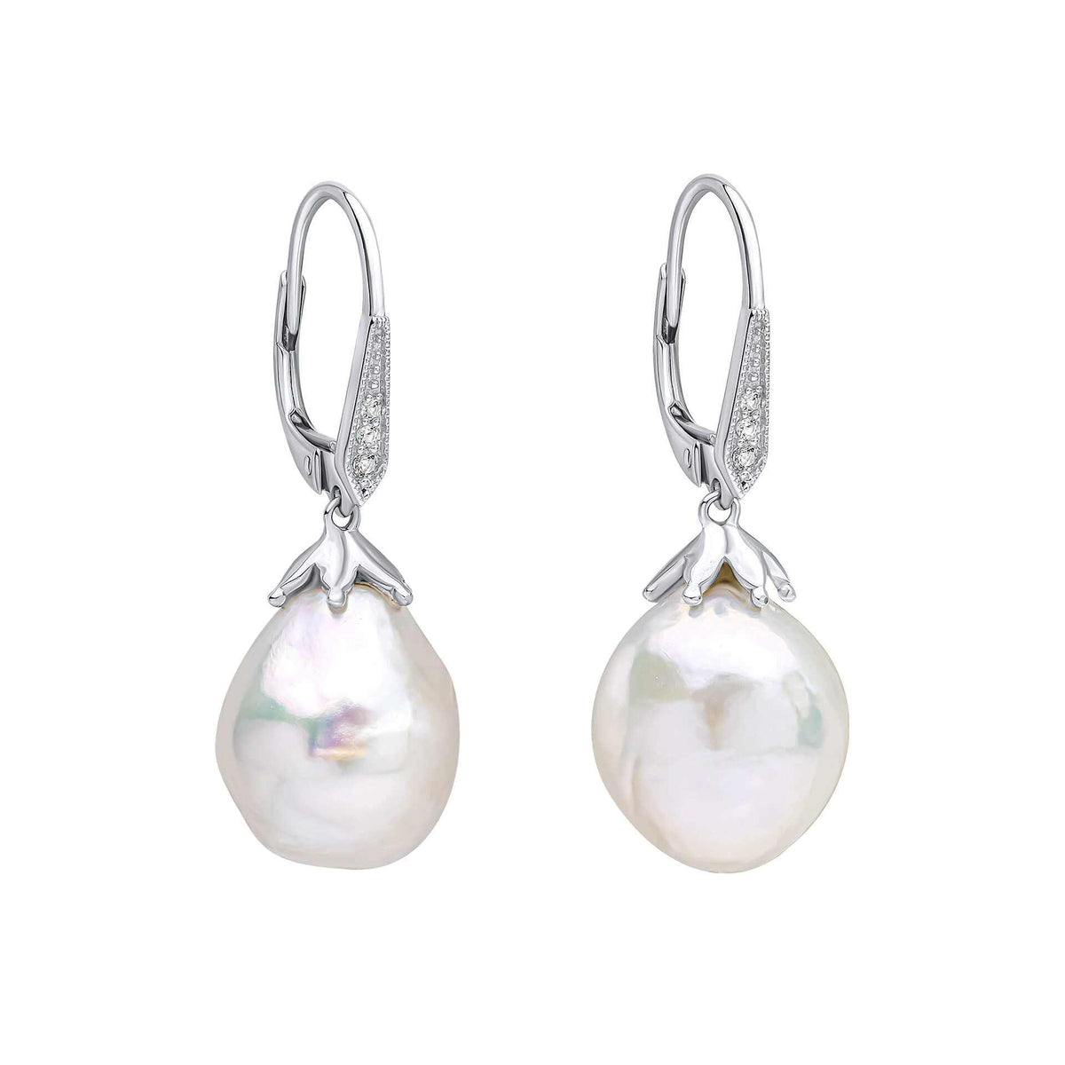 Elements Gold white gold drop earrings with oversized lustrous baroque pearls and sparkling pavé-set topaz accents