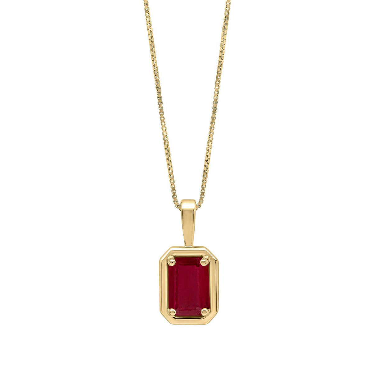 Elements Gold 9ct yellow gold pendant with a deep red octagonal gemstone in a wide polished border