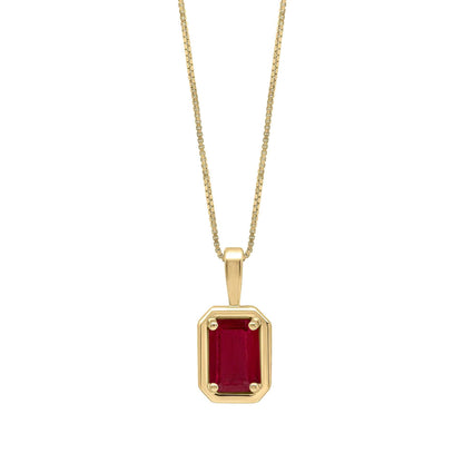 Elements Gold 9ct yellow gold pendant with a deep red octagonal gemstone in a wide polished border