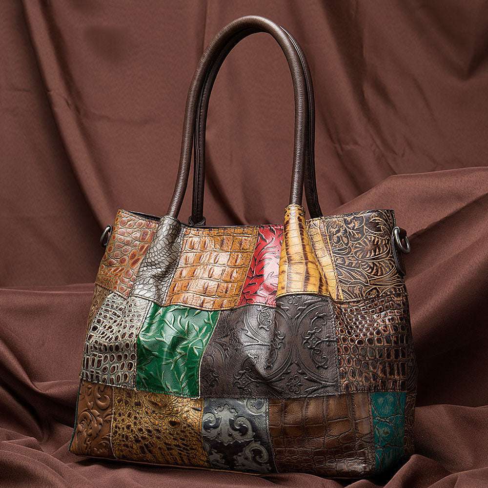 Embossed Cowhide Bag-in-Bag Set in assorted multicolour patchwork leather with geometric textures and dual handles