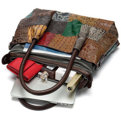 Embossed Cowhide Bag-in-Bag Set in multicolour patchwork cowhide with geometric patterns and contrasting dark trim