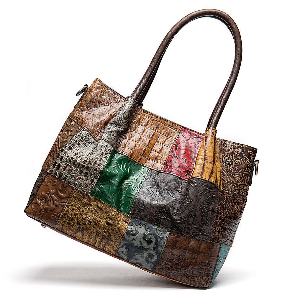 Embossed Cowhide Bag-in-Bag Set in multicolour patchwork leather with geometric embossed panels and long handles
