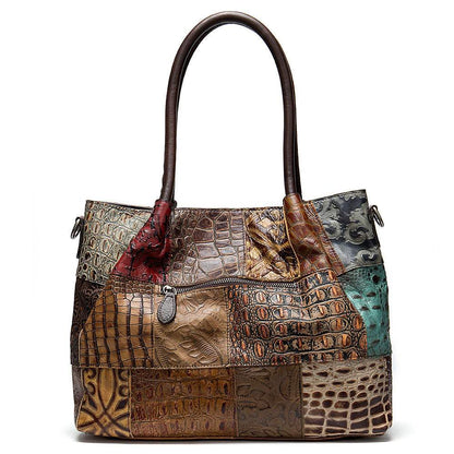 Embossed Cowhide Bag-in-Bag Set in assorted brown tones with geometric patchwork embossing and contrast trim