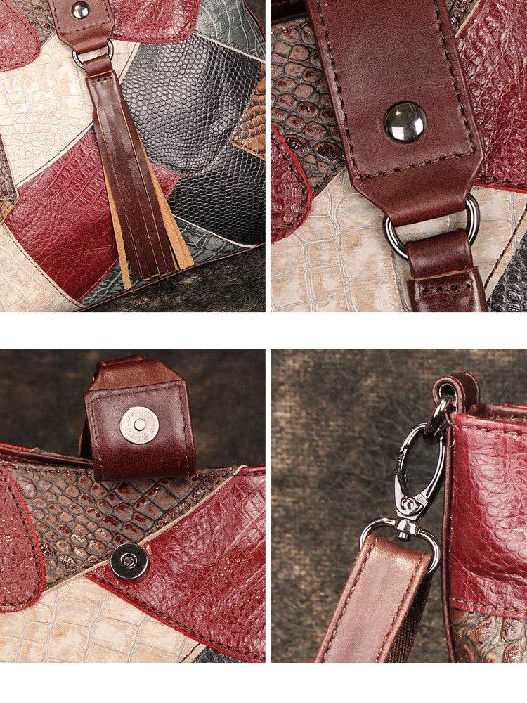 Full-Grain Leather Bucket Bag in burgundy leather with textured panels, stitched details, snap closure and shoulder strap