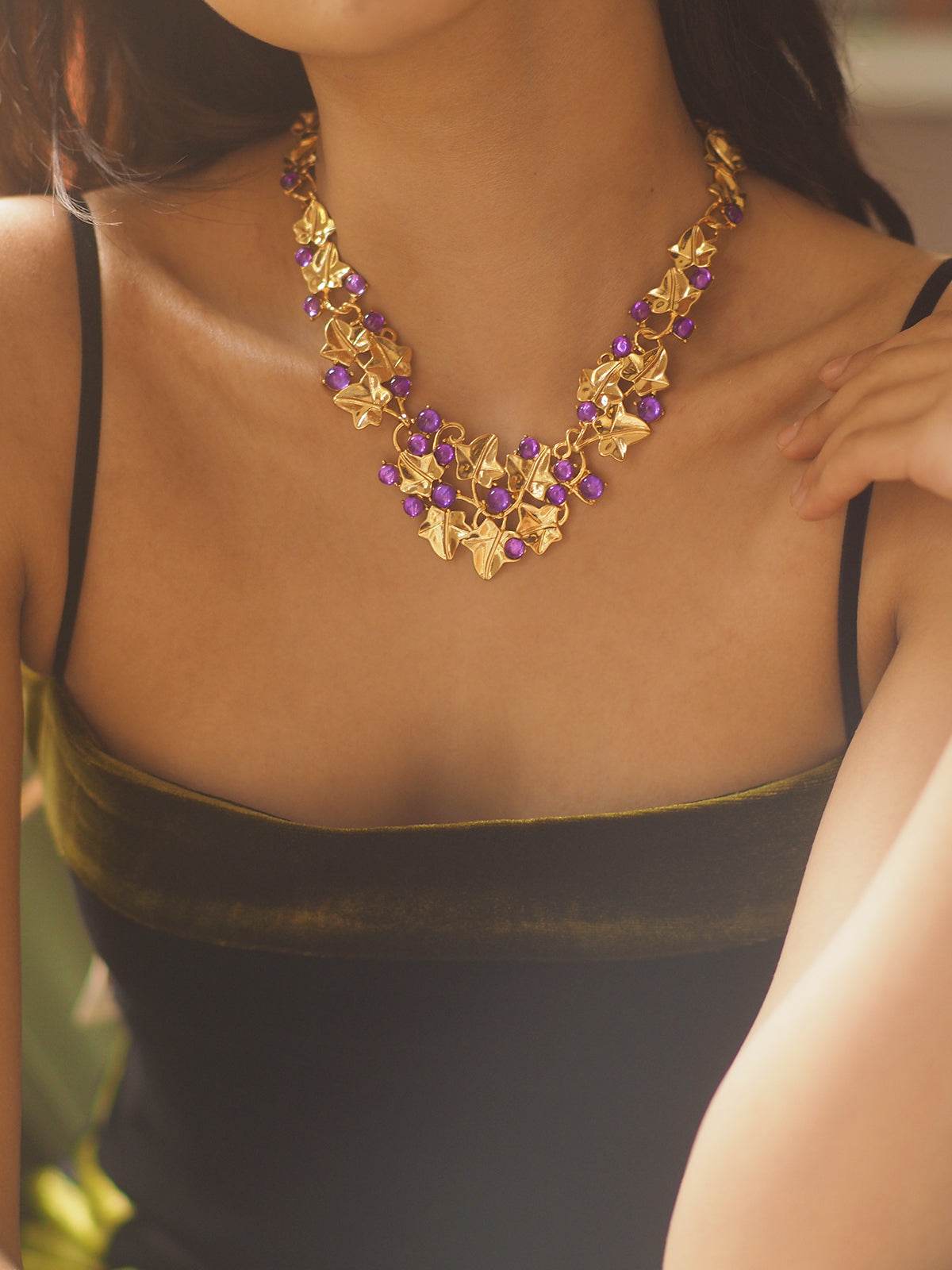 Grape Cluster Gold-Plated Necklace with purple faceted stones and ornate gold-toned grape cluster detailing